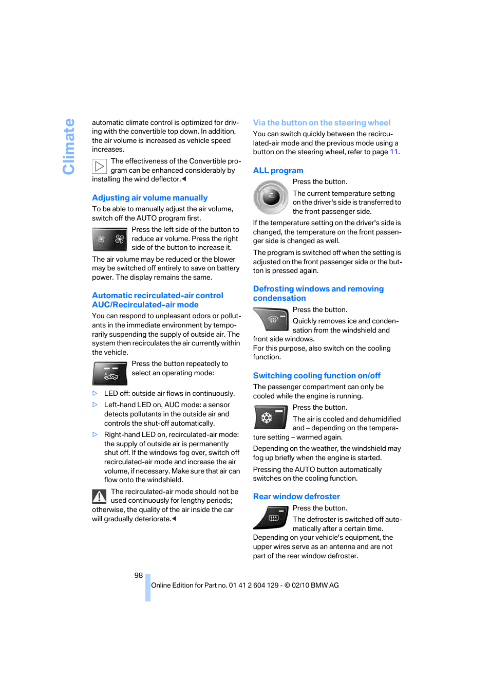 Ndows, Climate | BMW 128i Convertible 2011 User Manual | Page 100 / 256