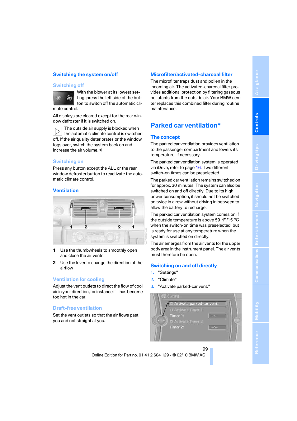 Parked car ventilation | BMW 128i Convertible 2011 User Manual | Page 101 / 256