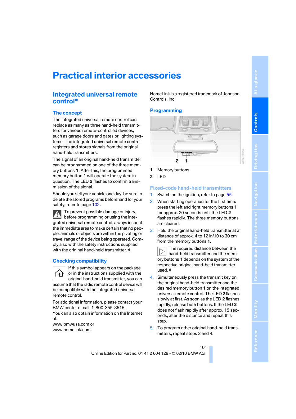 Practical interior accessories, Integrated universal remote control | BMW 128i Convertible 2011 User Manual | Page 103 / 256