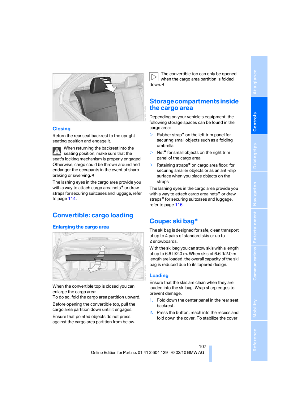 Convertible: cargo loading, Storage compartments inside the cargo area, Coupe: ski bag | BMW 128i Convertible 2011 User Manual | Page 109 / 256