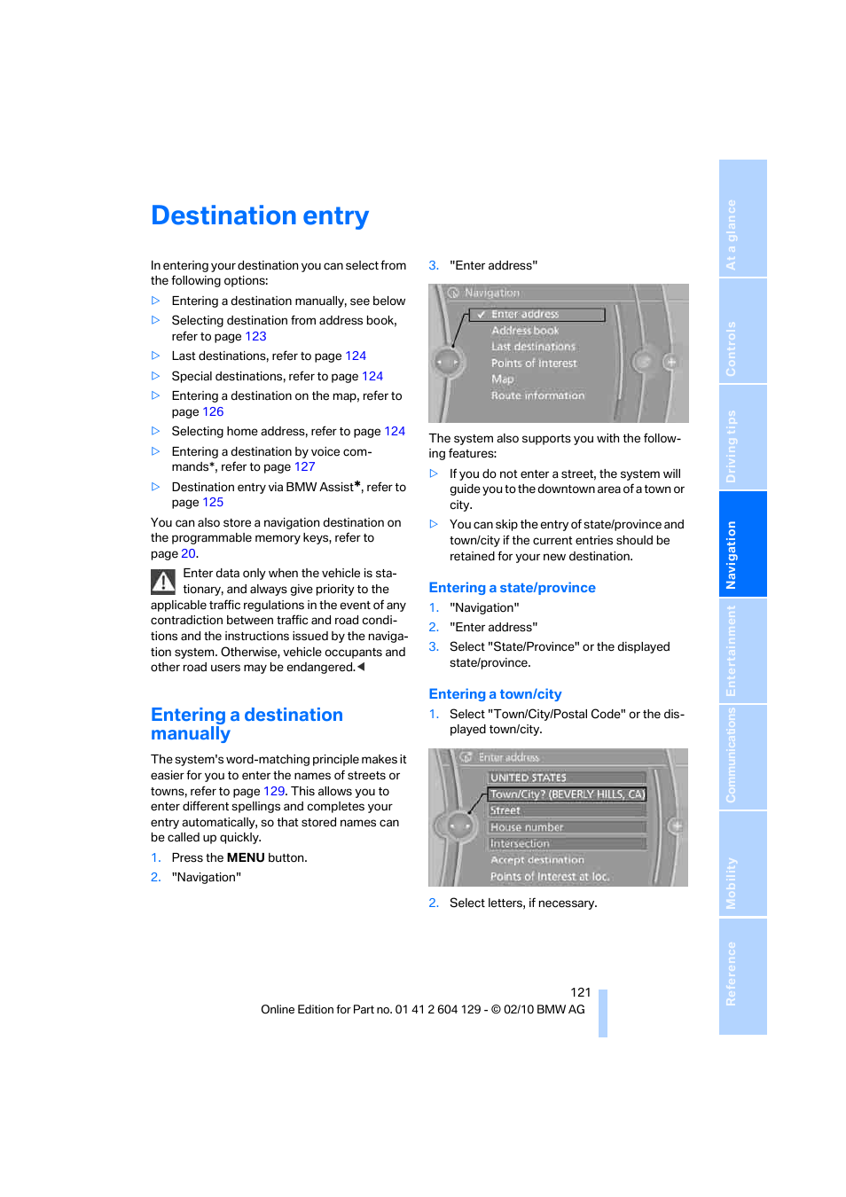 Destination entry, Entering a destination manually | BMW 128i Convertible 2011 User Manual | Page 123 / 256