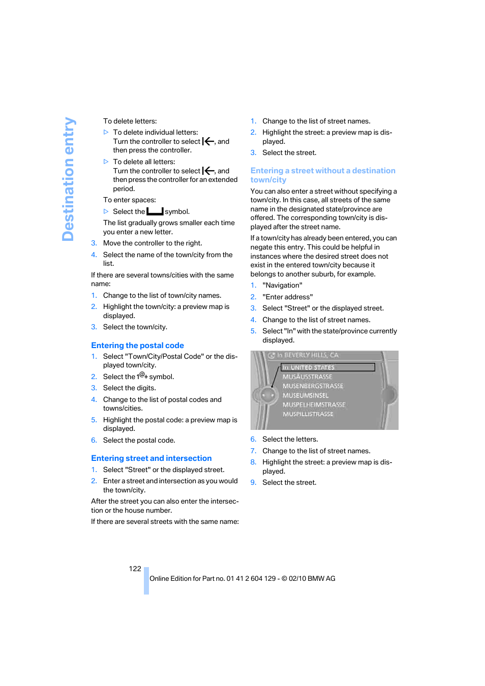 Destination entry | BMW 128i Convertible 2011 User Manual | Page 124 / 256