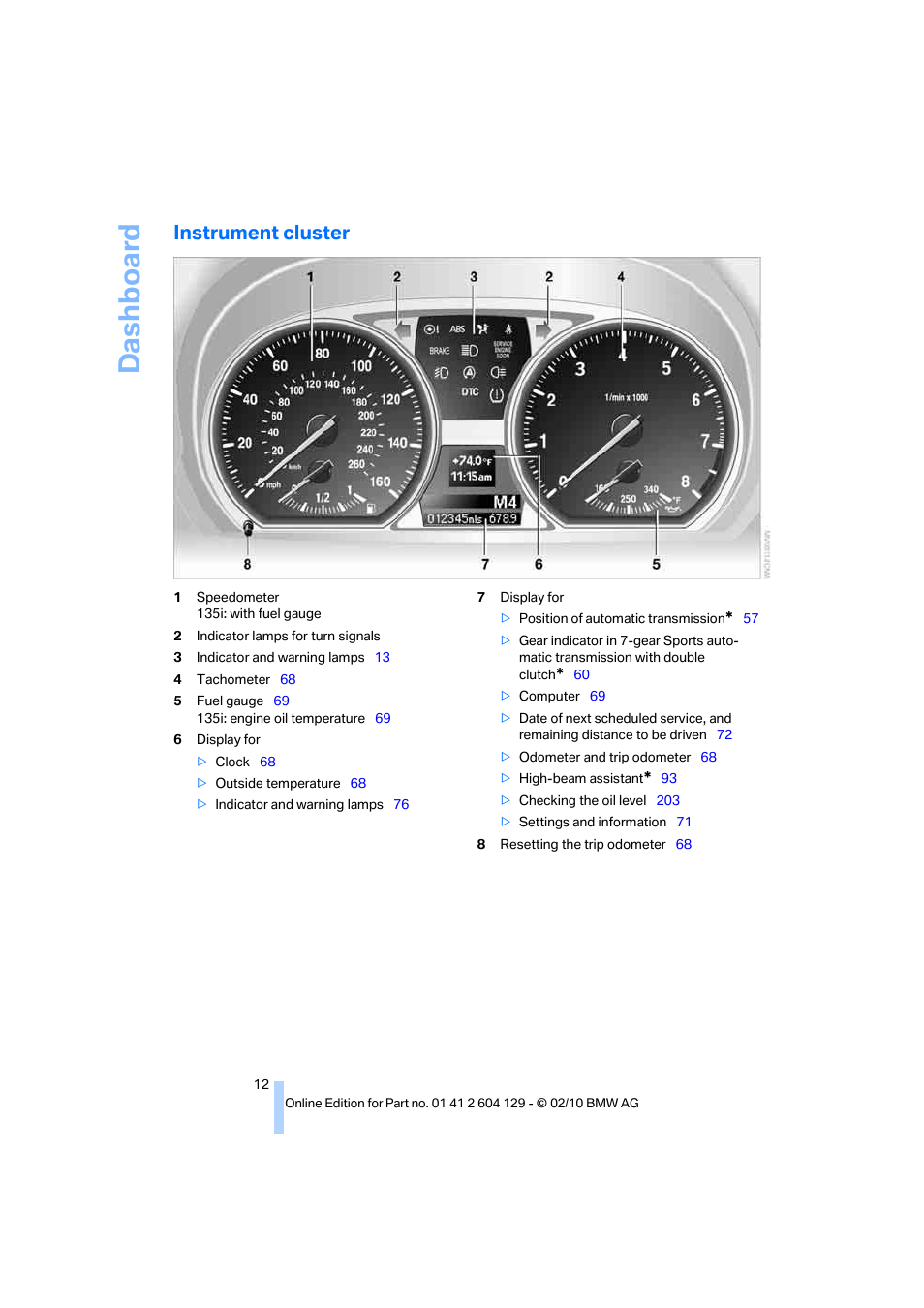 Instrument cluster, Da sh bo ar d | BMW 128i Convertible 2011 User Manual | Page 14 / 256