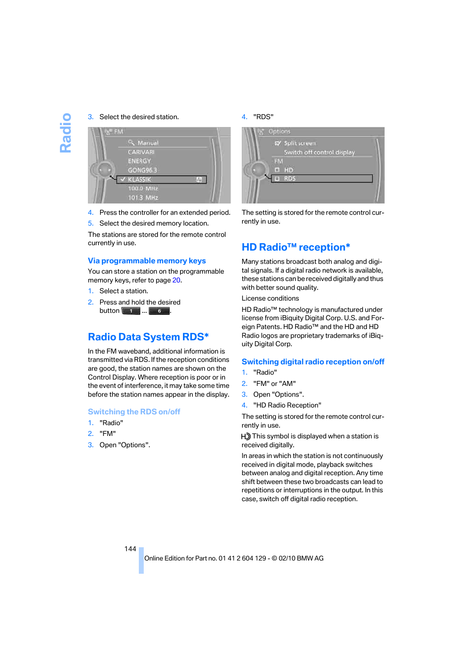 Radio data system rds, Hd radio™ reception, Ra di o | BMW 128i Convertible 2011 User Manual | Page 146 / 256