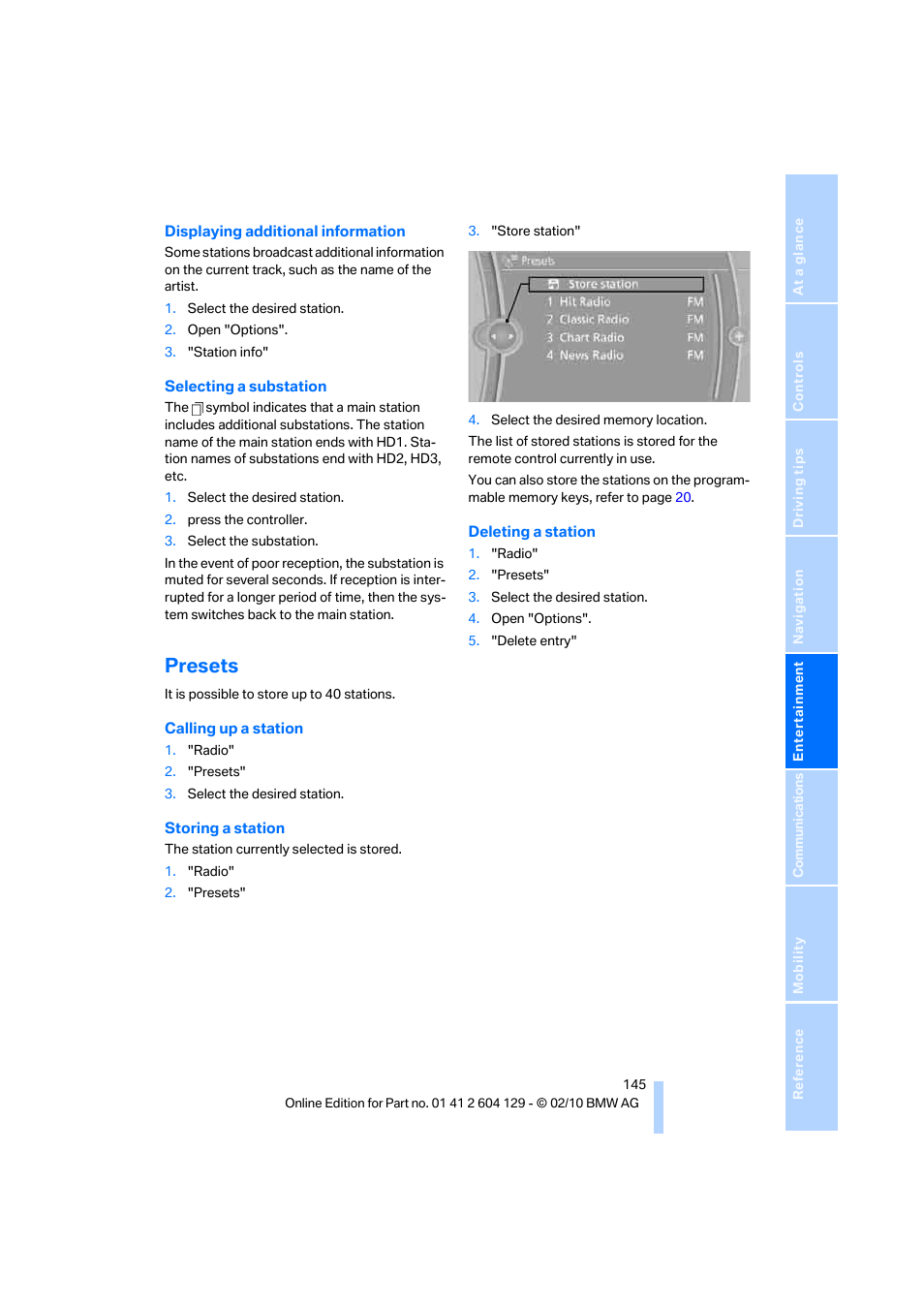 Presets | BMW 128i Convertible 2011 User Manual | Page 147 / 256