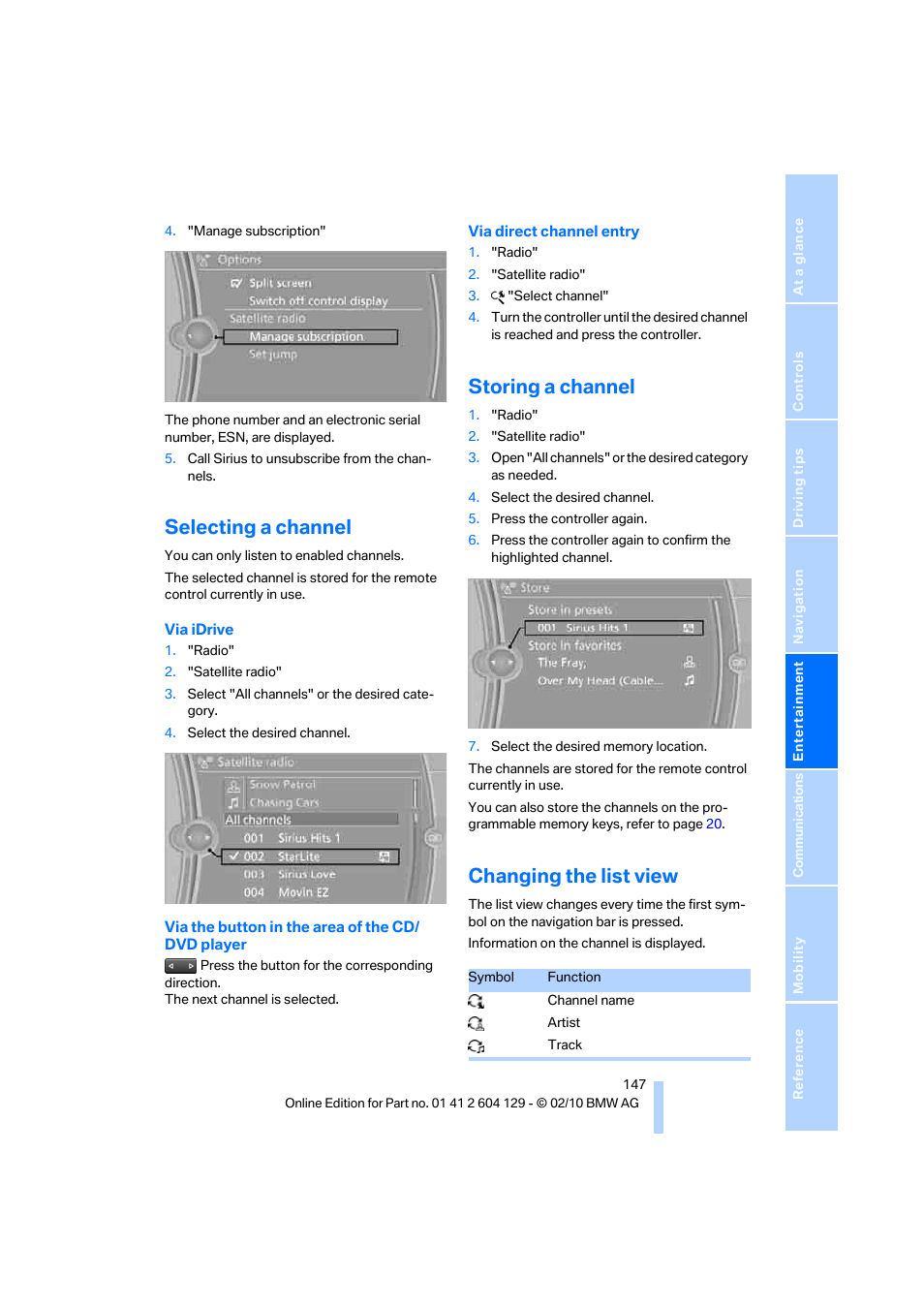 Selecting a channel, Storing a channel, Changing the list view | BMW 128i Convertible 2011 User Manual | Page 149 / 256