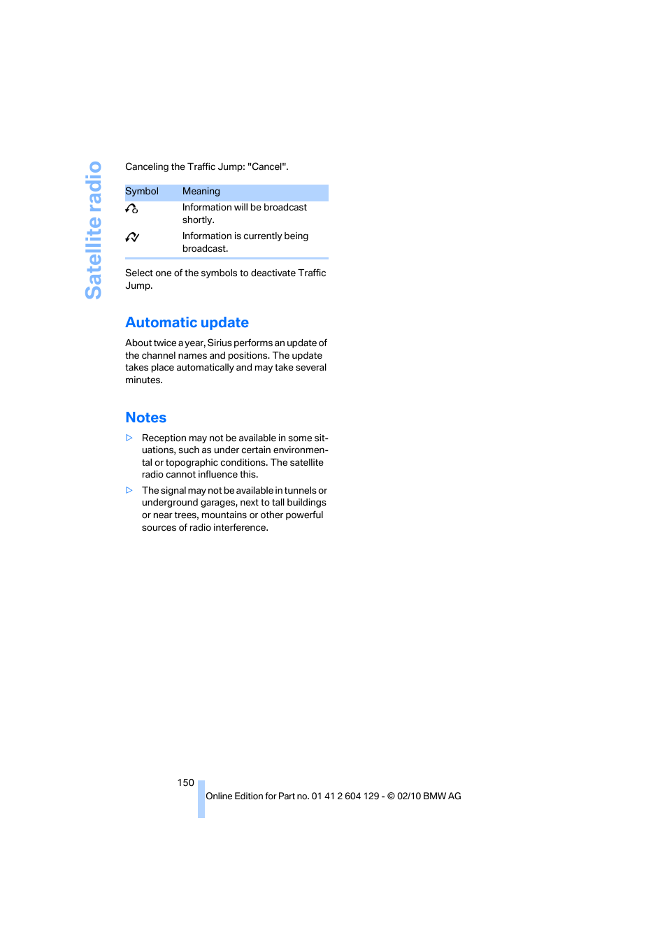 Automatic update, Notes, Sa tellite radi o | BMW 128i Convertible 2011 User Manual | Page 152 / 256