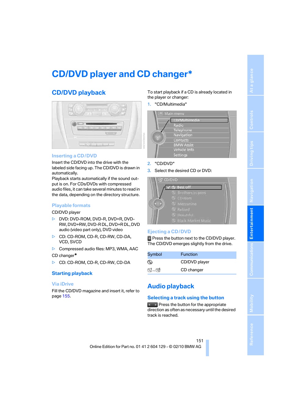 Cd/dvd player and cd changer, Cd/dvd playback, Audio playback | BMW 128i Convertible 2011 User Manual | Page 153 / 256