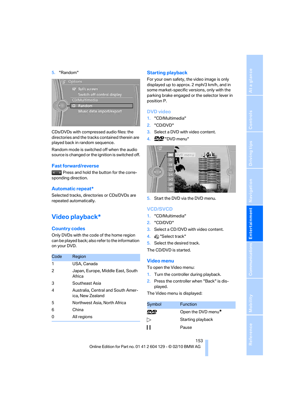 Video playback | BMW 128i Convertible 2011 User Manual | Page 155 / 256