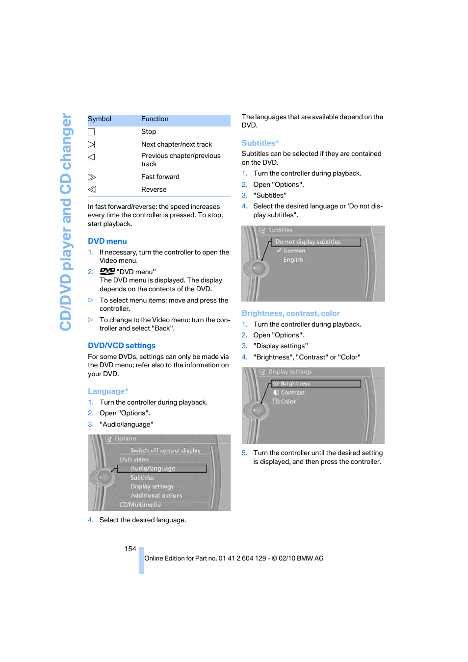 Cd/ d vd player and cd changer | BMW 128i Convertible 2011 User Manual | Page 156 / 256