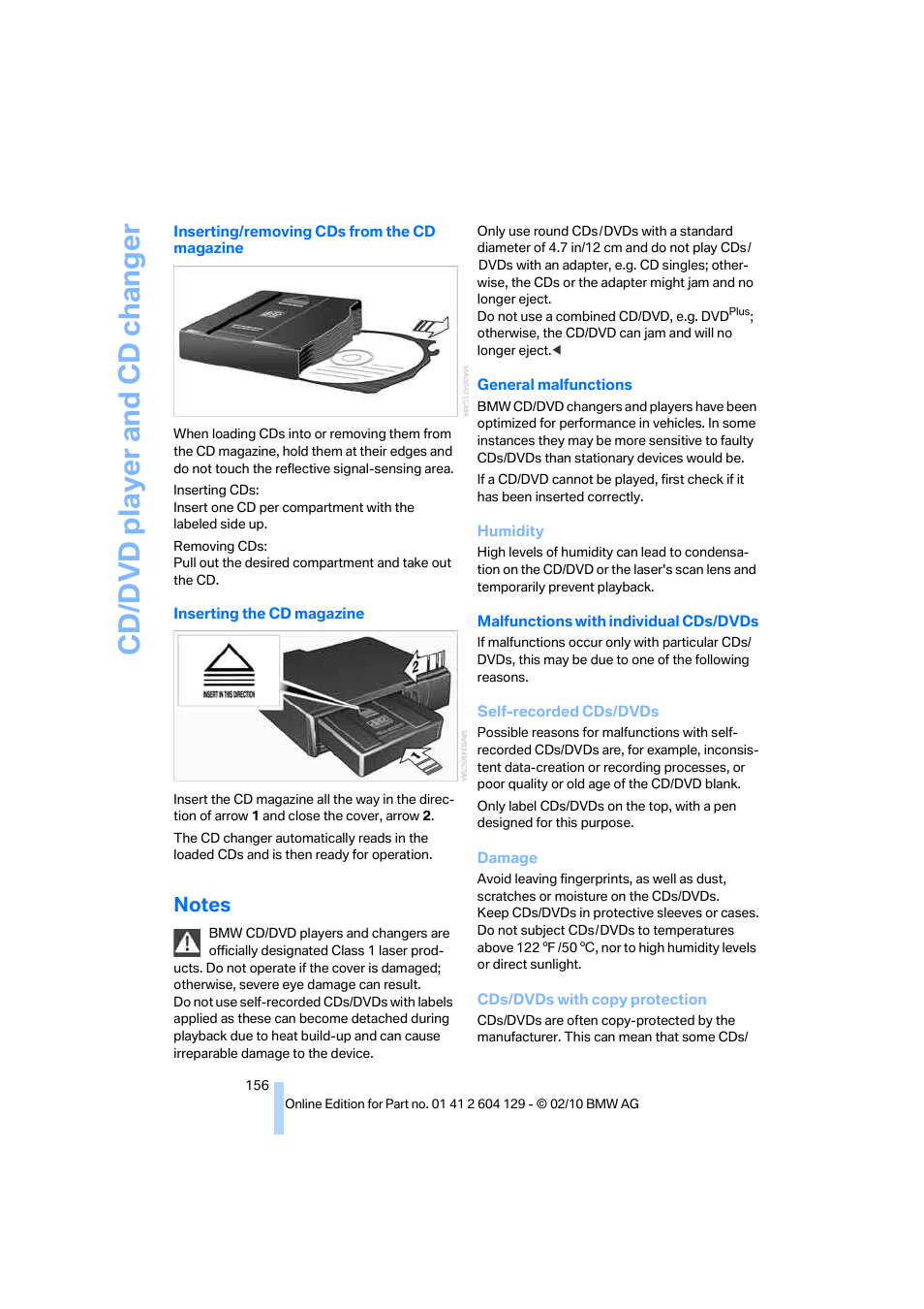 Notes, Cd/ d vd player and cd changer | BMW 128i Convertible 2011 User Manual | Page 158 / 256