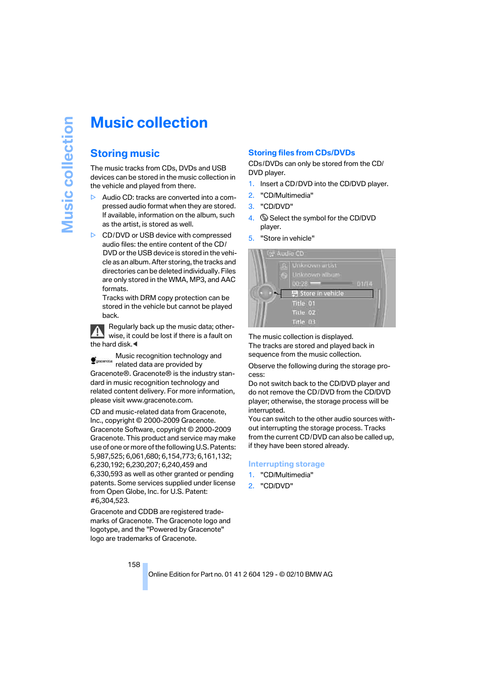 Music collection, Storing music | BMW 128i Convertible 2011 User Manual | Page 160 / 256