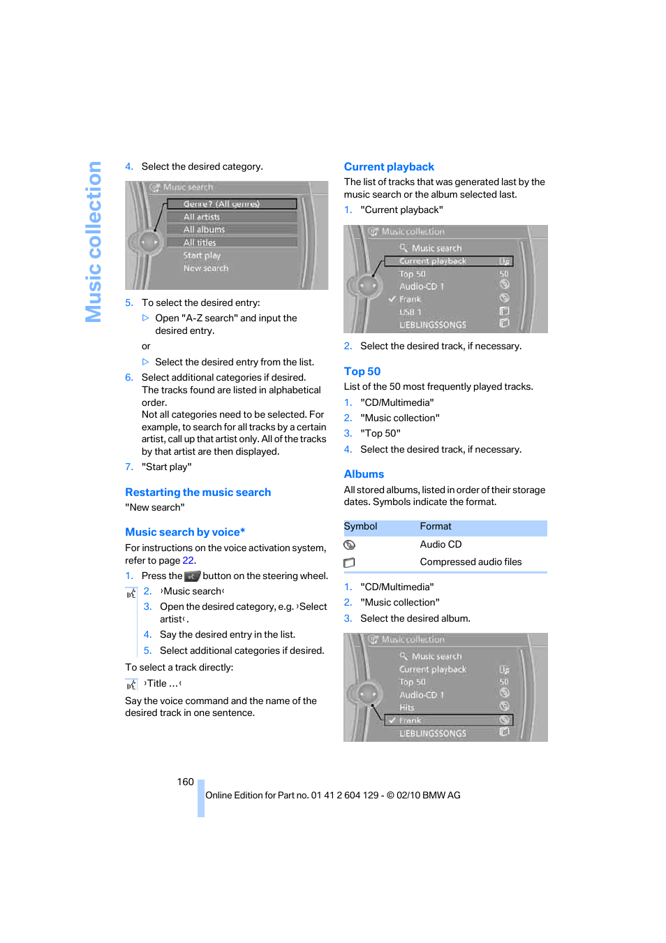 Music collection | BMW 128i Convertible 2011 User Manual | Page 162 / 256