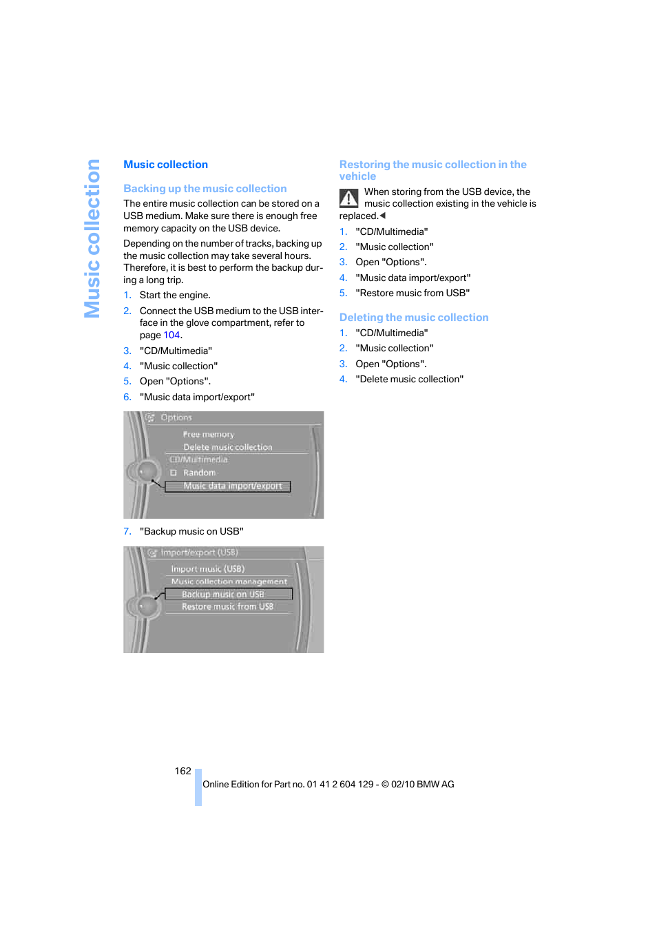 Music collection | BMW 128i Convertible 2011 User Manual | Page 164 / 256