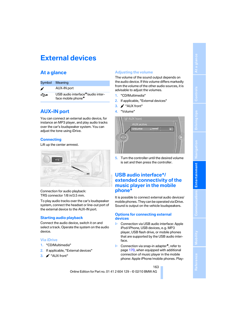 External devices, At a glance, Aux-in port | At a glance aux-in port | BMW 128i Convertible 2011 User Manual | Page 165 / 256