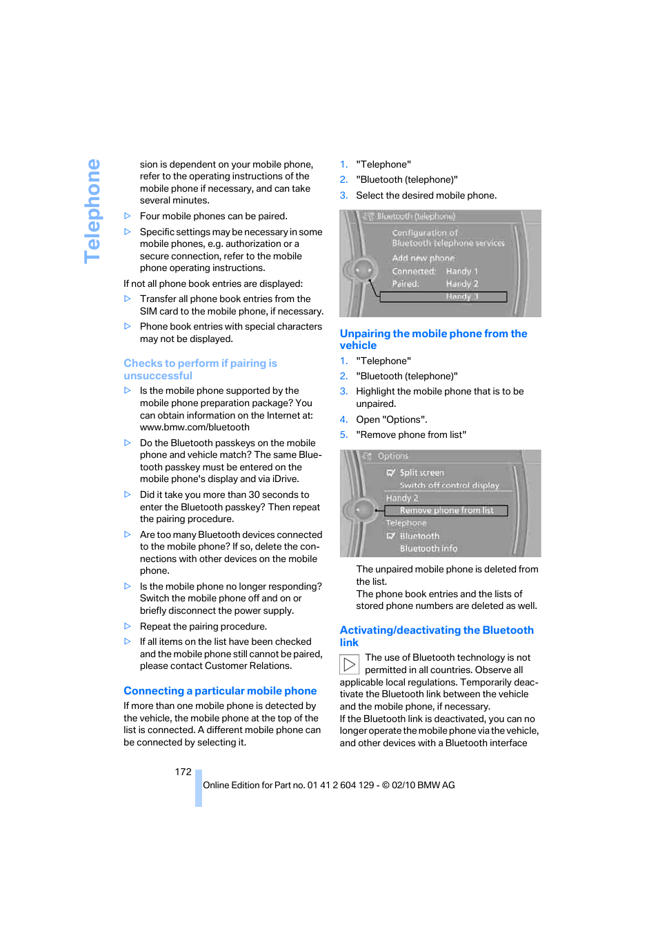 Telephone | BMW 128i Convertible 2011 User Manual | Page 174 / 256