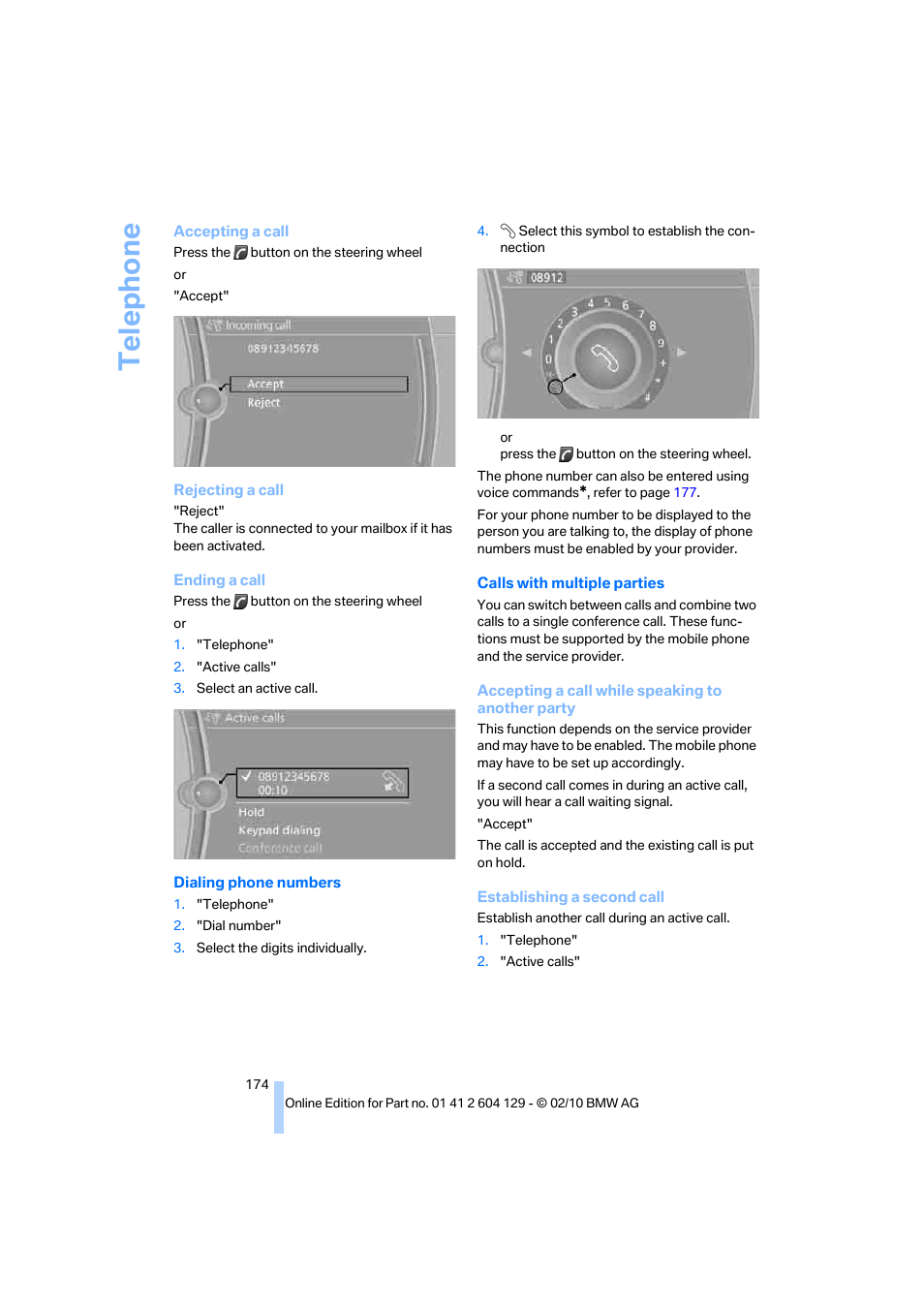 Telephone | BMW 128i Convertible 2011 User Manual | Page 176 / 256