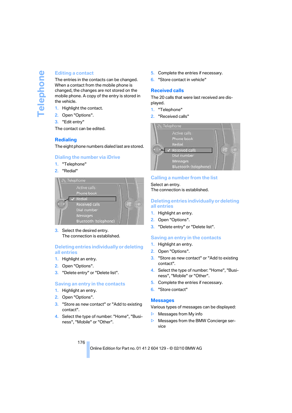 Telephone | BMW 128i Convertible 2011 User Manual | Page 178 / 256