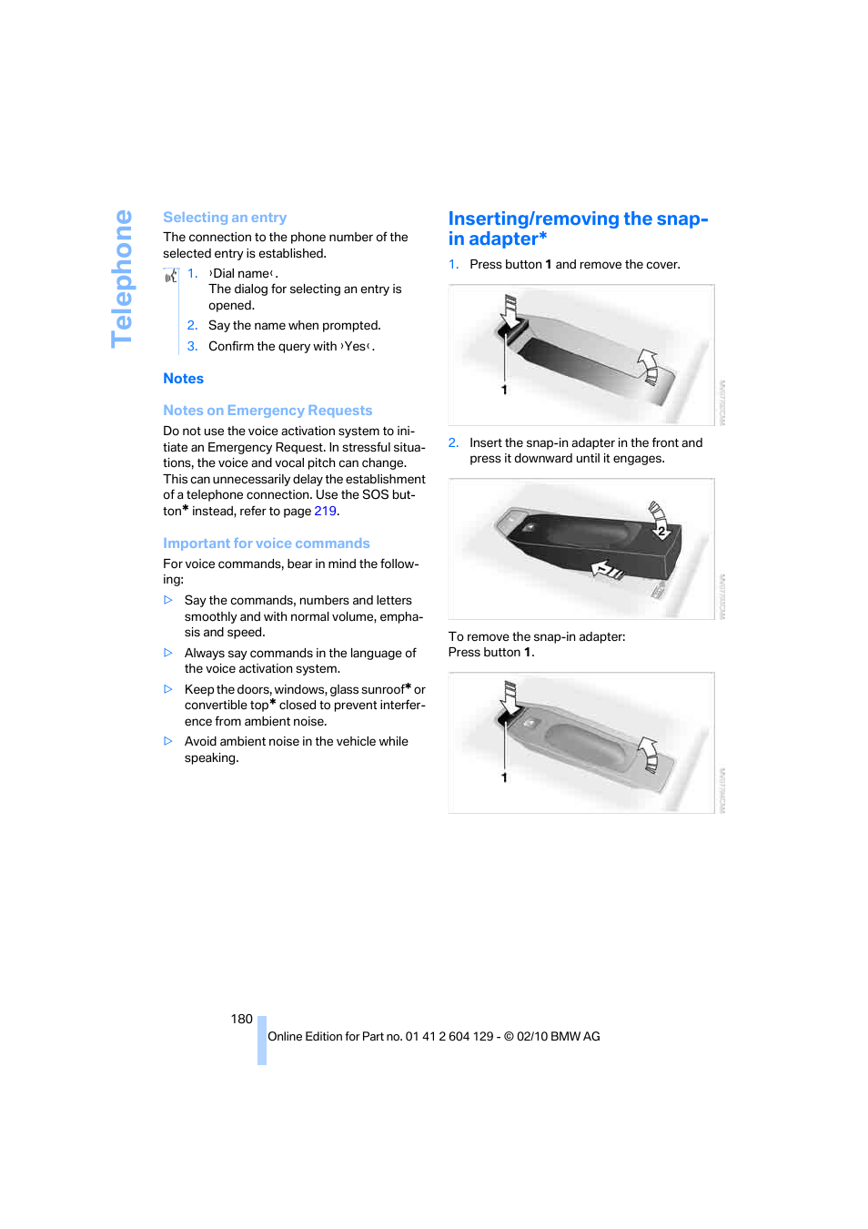 Inserting/removing the snap- in adapter, Telephone | BMW 128i Convertible 2011 User Manual | Page 182 / 256