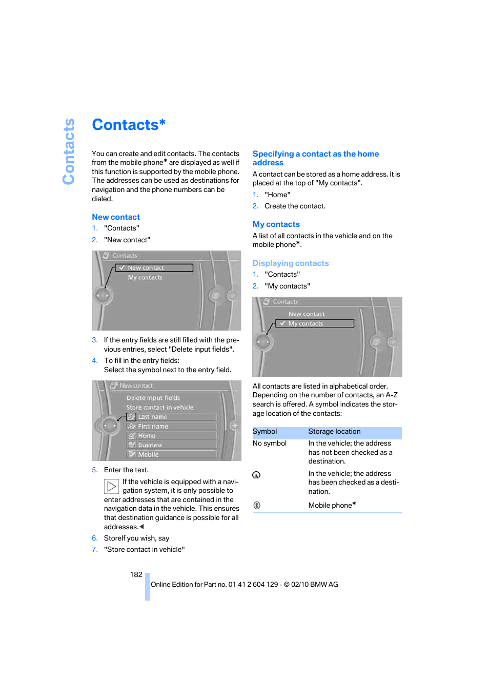 Contacts | BMW 128i Convertible 2011 User Manual | Page 184 / 256