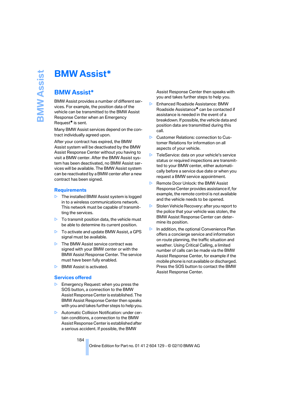 Bmw assist, Bmw assis t | BMW 128i Convertible 2011 User Manual | Page 186 / 256