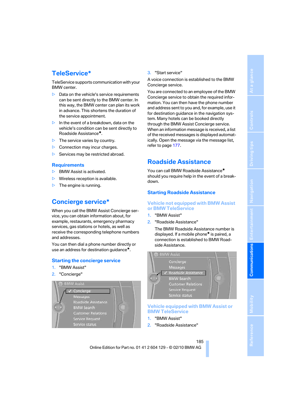 Teleservice, Concierge service, Roadside assistance | BMW 128i Convertible 2011 User Manual | Page 187 / 256