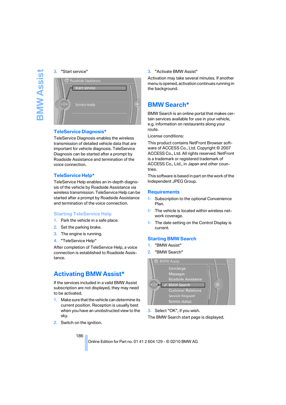 Activating bmw assist, Bmw search, Bmw assis t | BMW 128i Convertible 2011 User Manual | Page 188 / 256