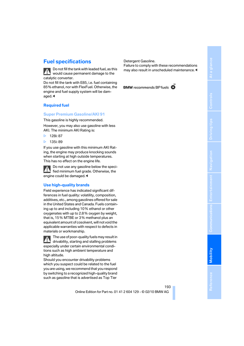 Fuel specifications | BMW 128i Convertible 2011 User Manual | Page 195 / 256