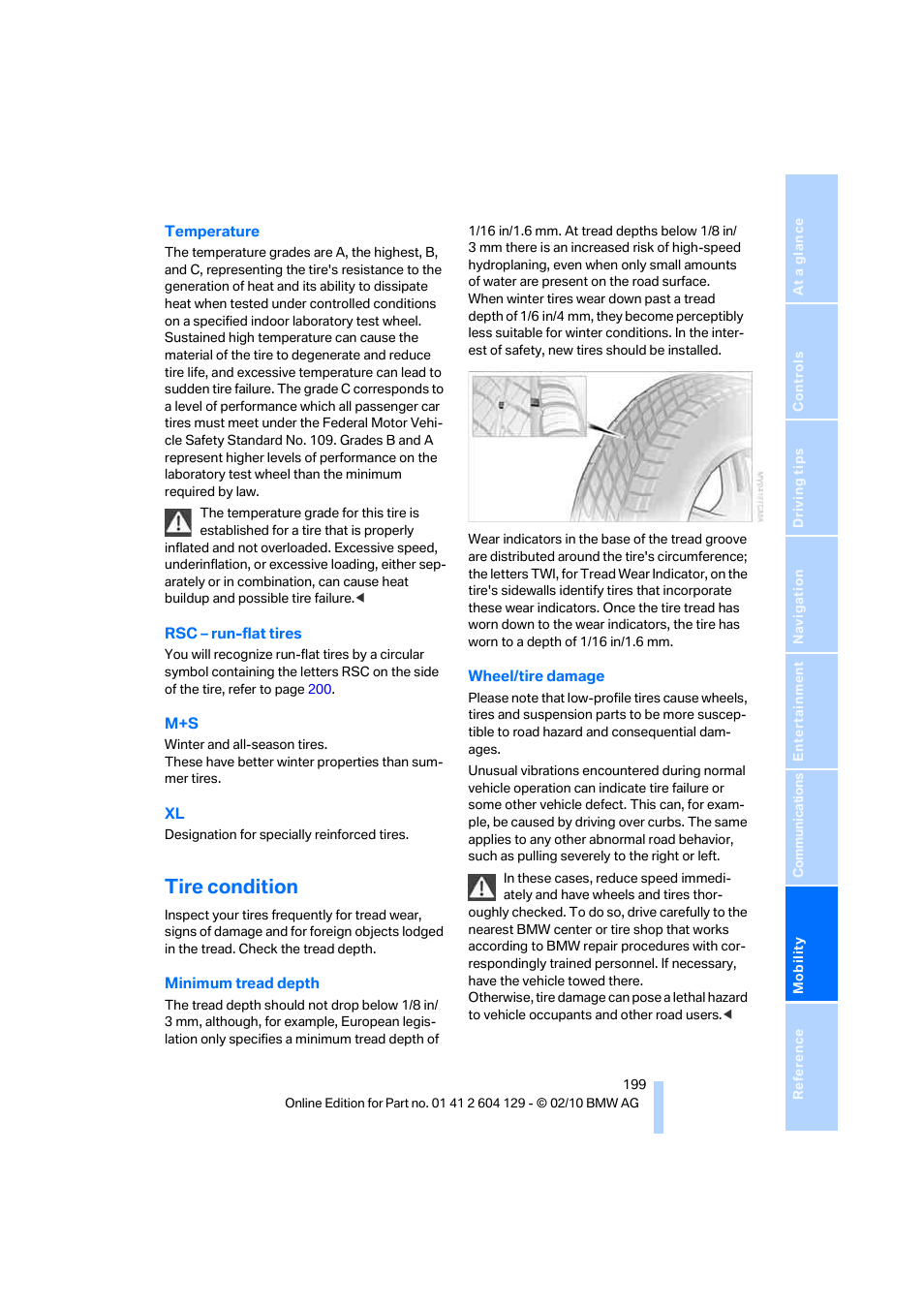 Tire condition | BMW 128i Convertible 2011 User Manual | Page 201 / 256