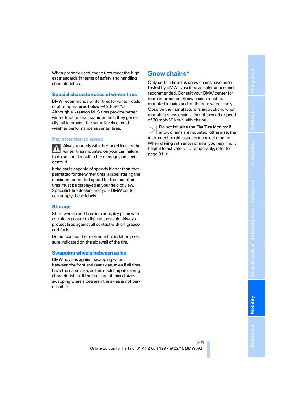Snow chains | BMW 128i Convertible 2011 User Manual | Page 203 / 256
