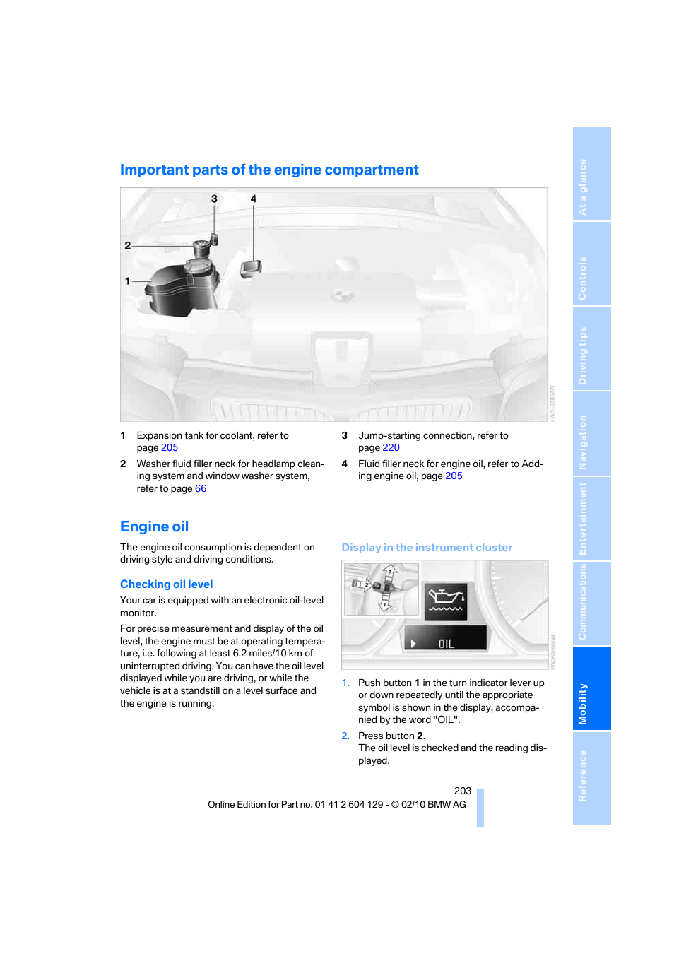 Important parts of the engine compartment, Engine oil | BMW 128i Convertible 2011 User Manual | Page 205 / 256