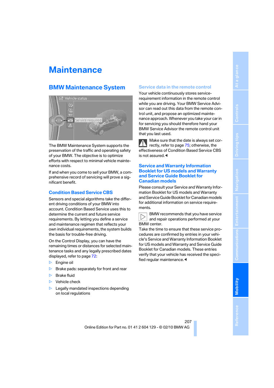 Maintenance, Bmw maintenance system, Service data in the remote control | BMW 128i Convertible 2011 User Manual | Page 209 / 256