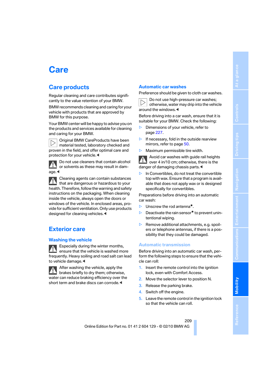 Care, Care products, Exterior care | BMW 128i Convertible 2011 User Manual | Page 211 / 256