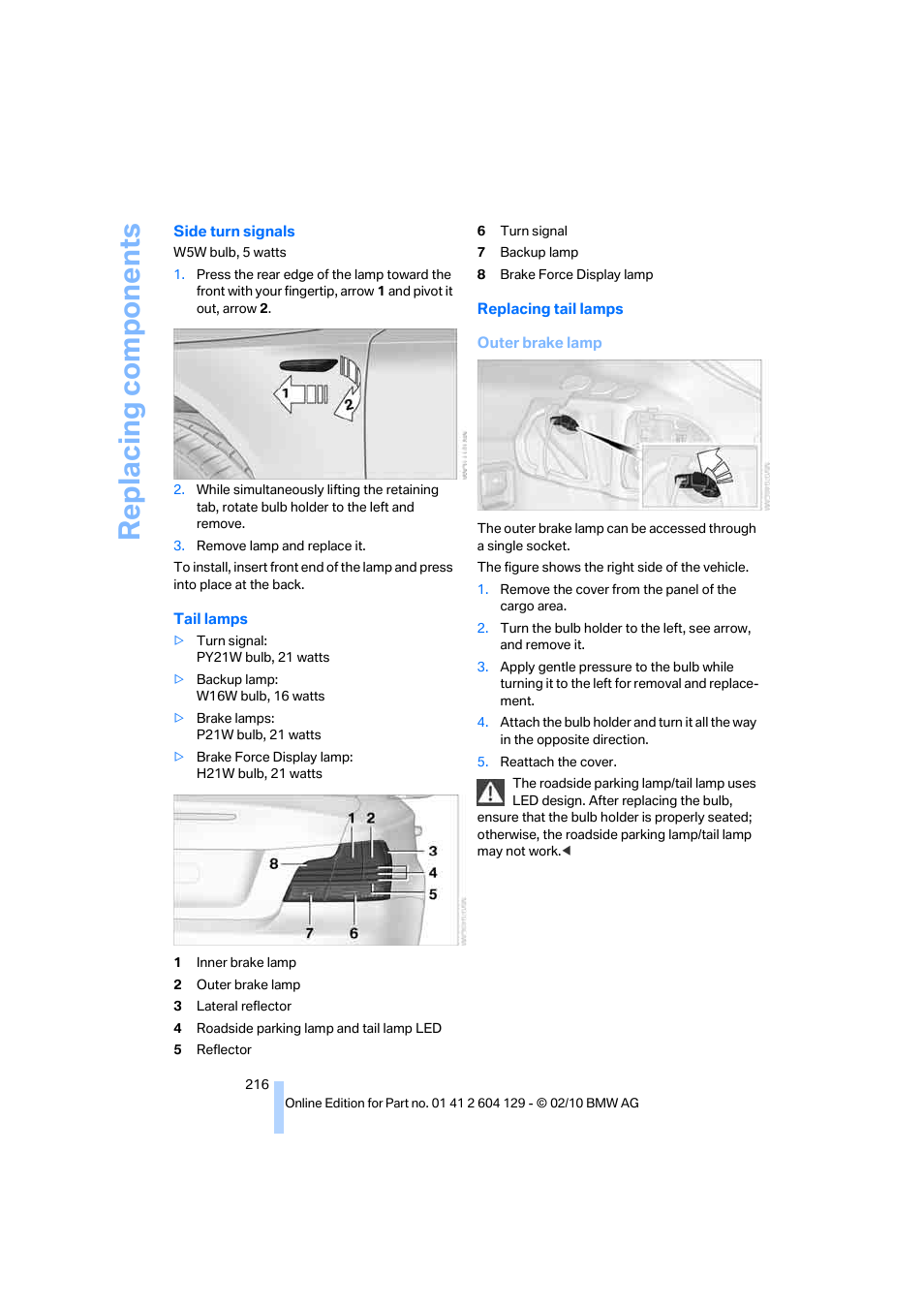 Replacing components | BMW 128i Convertible 2011 User Manual | Page 218 / 256