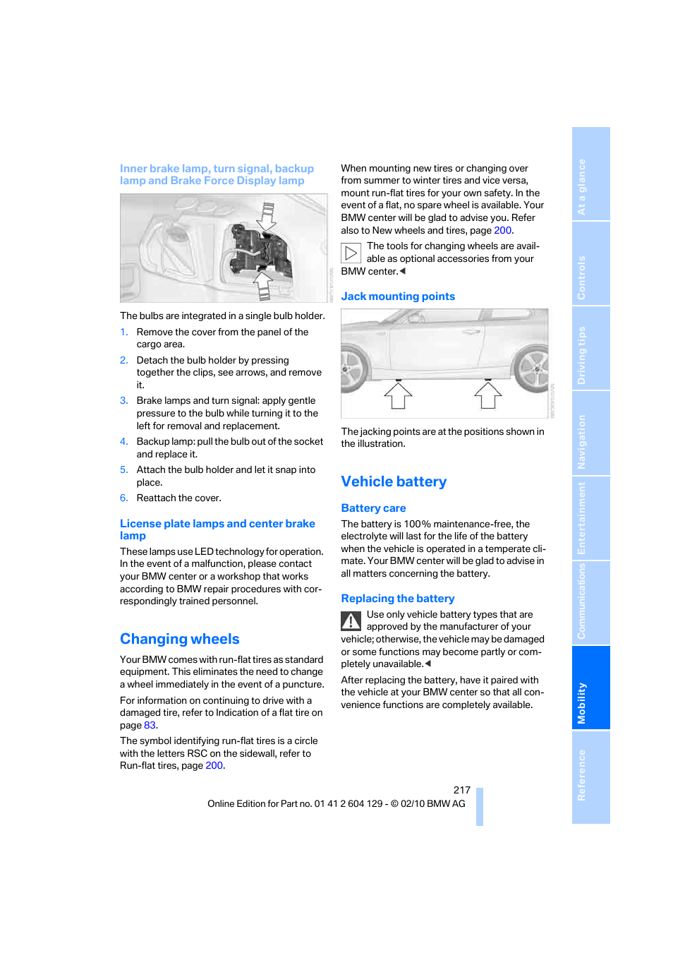 Changing wheels, Vehicle battery | BMW 128i Convertible 2011 User Manual | Page 219 / 256