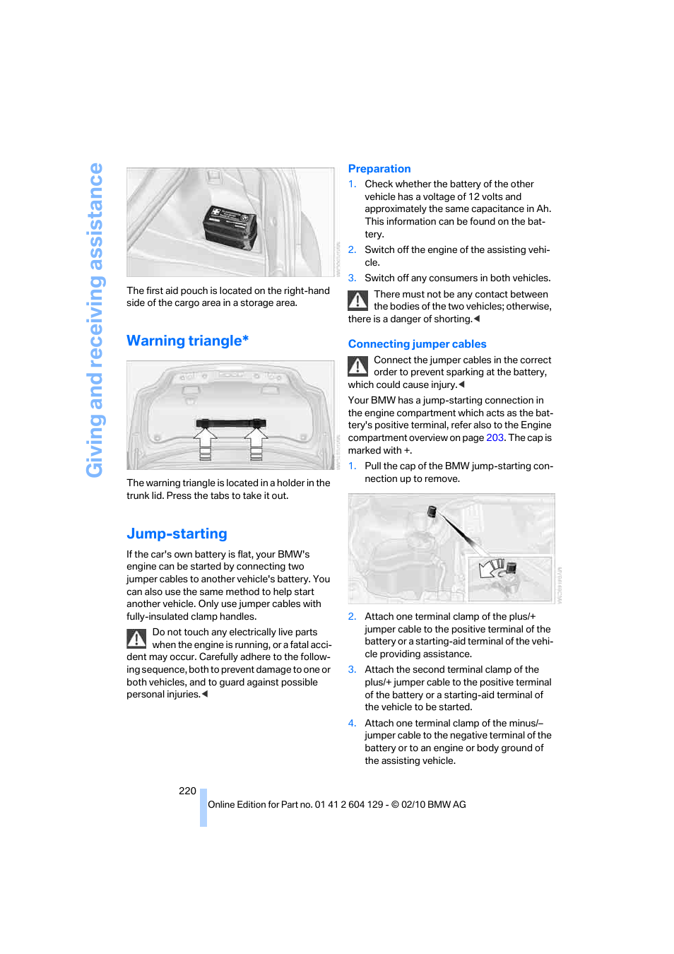 Warning triangle, Jump-starting, To jump-starting | Giving and receiv ing as sistance | BMW 128i Convertible 2011 User Manual | Page 222 / 256