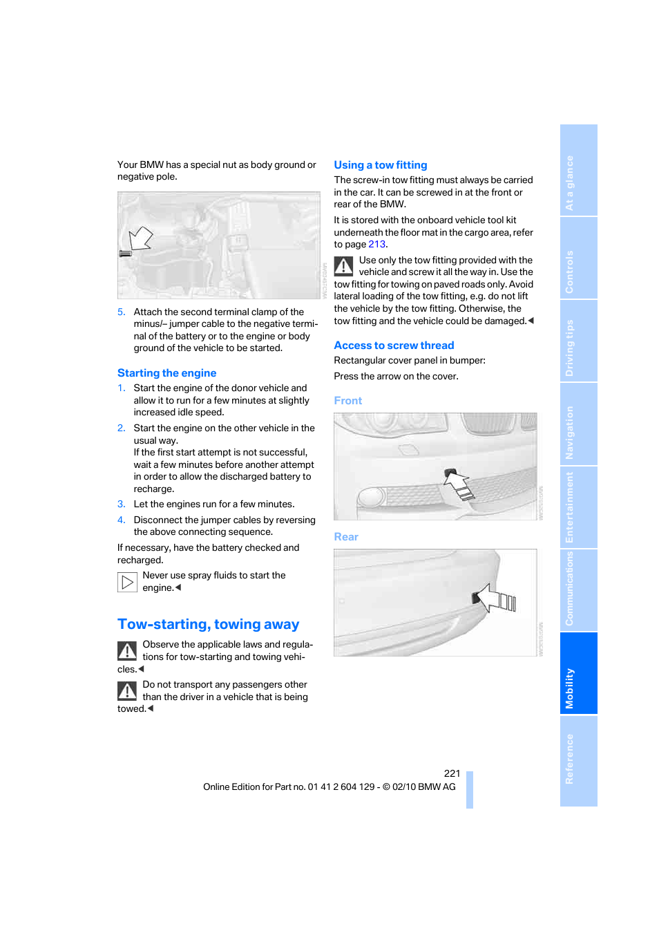 Tow-starting, towing away | BMW 128i Convertible 2011 User Manual | Page 223 / 256