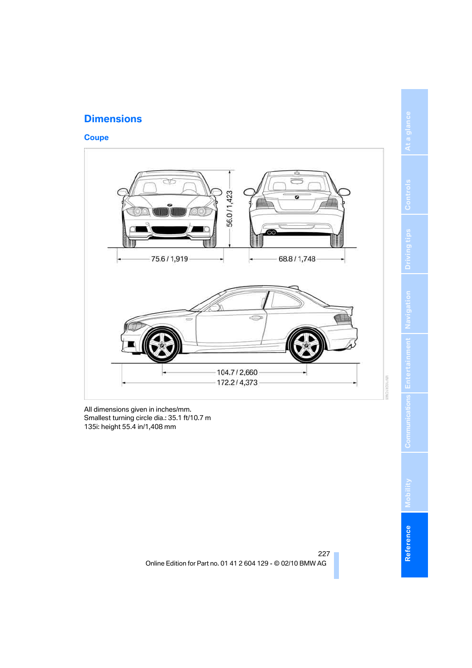 Dimensions | BMW 128i Convertible 2011 User Manual | Page 229 / 256