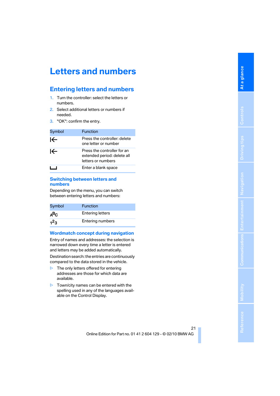 Letters and numbers, Entering letters and numbers | BMW 128i Convertible 2011 User Manual | Page 23 / 256