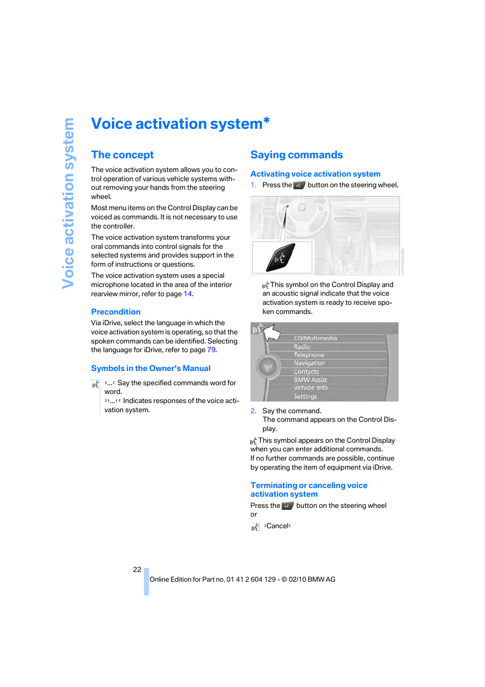 Voice activation system, The concept, Saying commands | BMW 128i Convertible 2011 User Manual | Page 24 / 256