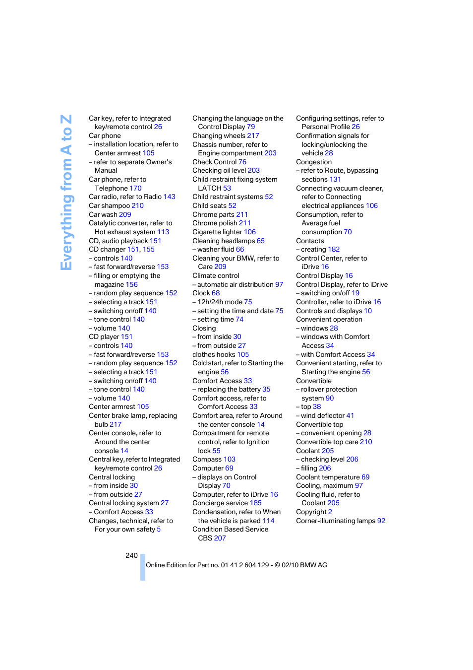 Everything from a to z | BMW 128i Convertible 2011 User Manual | Page 242 / 256