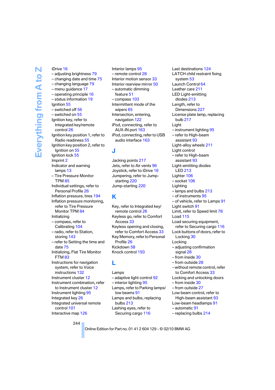 Everything from a to z | BMW 128i Convertible 2011 User Manual | Page 246 / 256