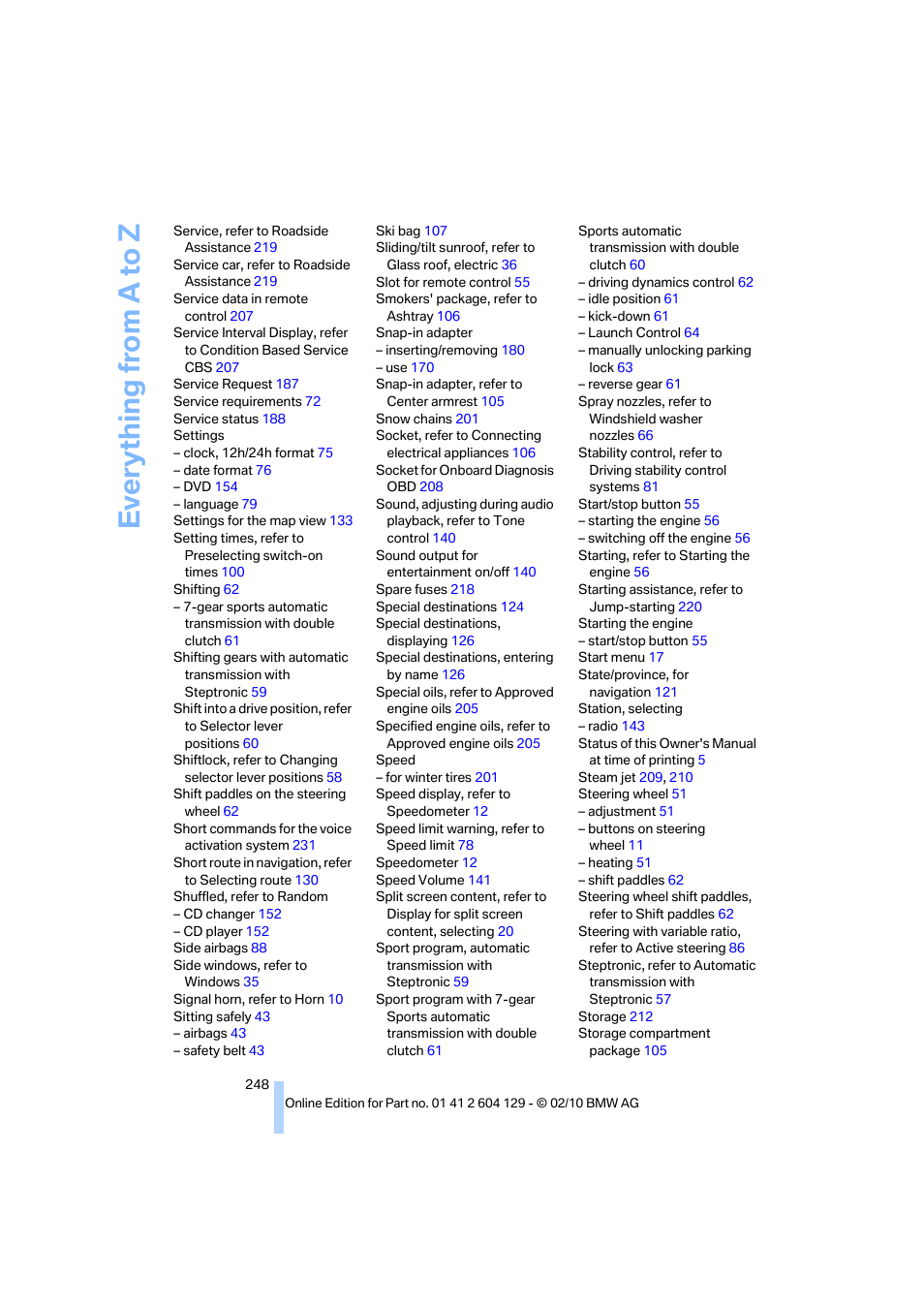 Everything from a to z | BMW 128i Convertible 2011 User Manual | Page 250 / 256