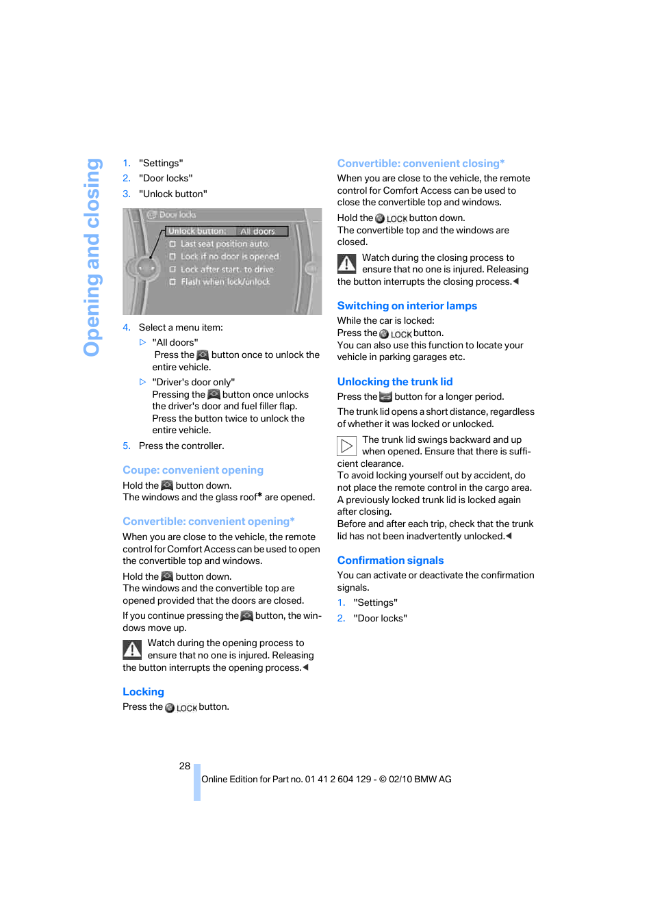 Opening and closing | BMW 128i Convertible 2011 User Manual | Page 30 / 256