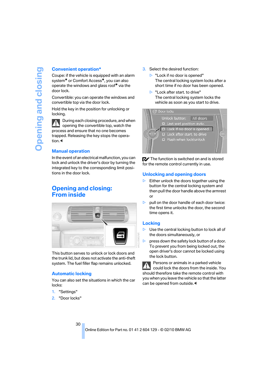 Opening and closing: from inside, Opening and closing | BMW 128i Convertible 2011 User Manual | Page 32 / 256