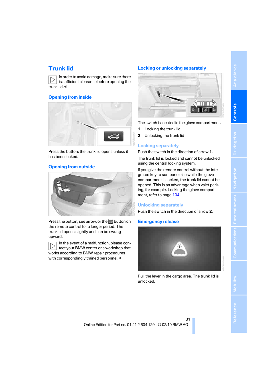 Trunk lid | BMW 128i Convertible 2011 User Manual | Page 33 / 256