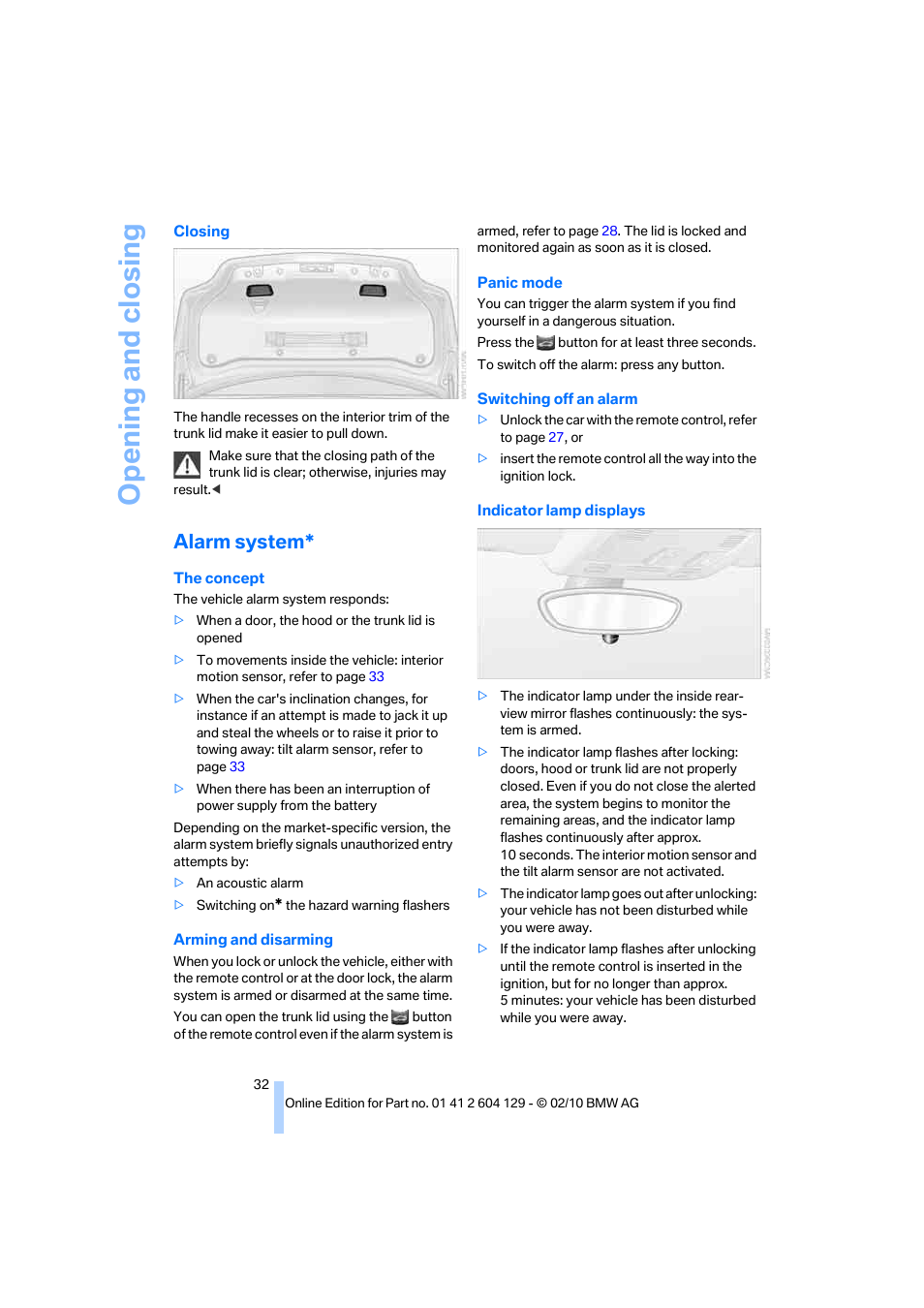 Alarm system, Opening and closing | BMW 128i Convertible 2011 User Manual | Page 34 / 256