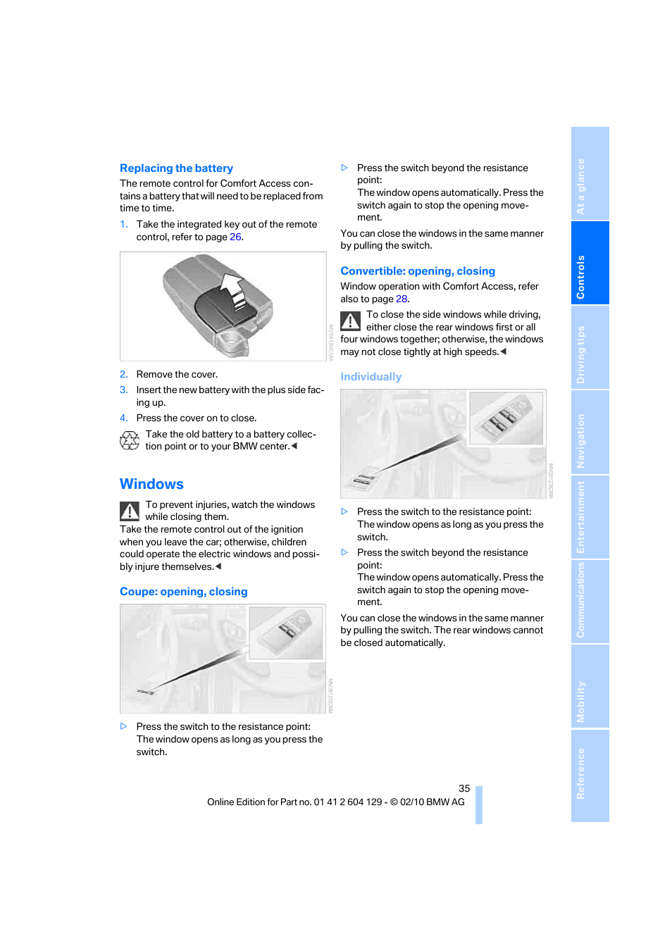 Windows | BMW 128i Convertible 2011 User Manual | Page 37 / 256