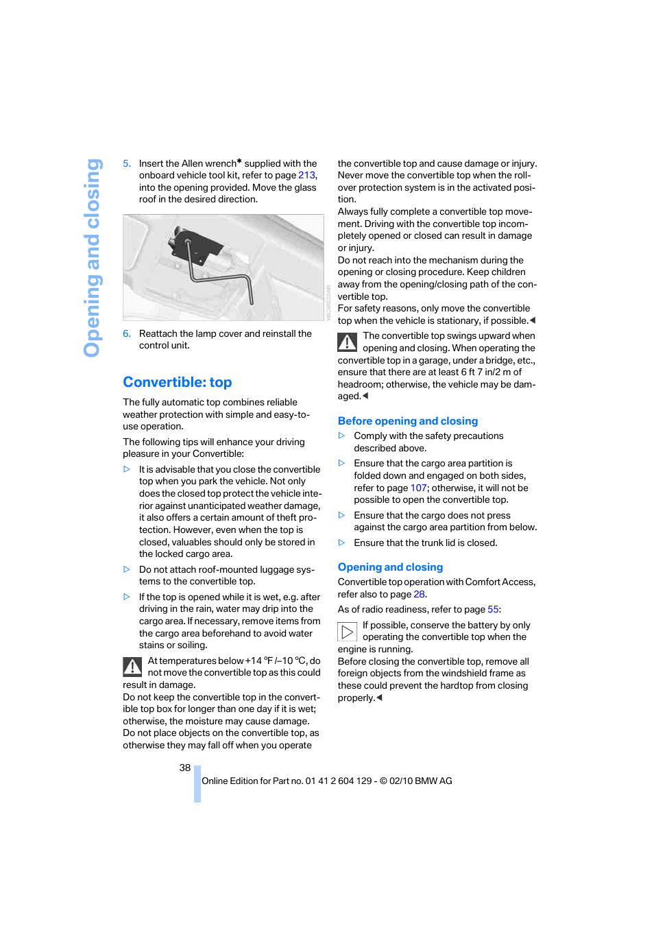 Convertible: top, Opening and closing | BMW 128i Convertible 2011 User Manual | Page 40 / 256