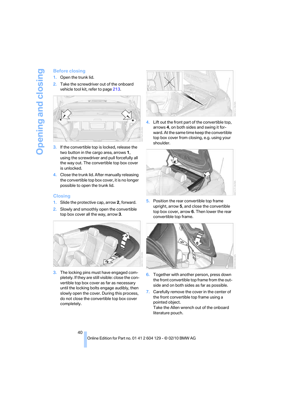 Opening and closing | BMW 128i Convertible 2011 User Manual | Page 42 / 256